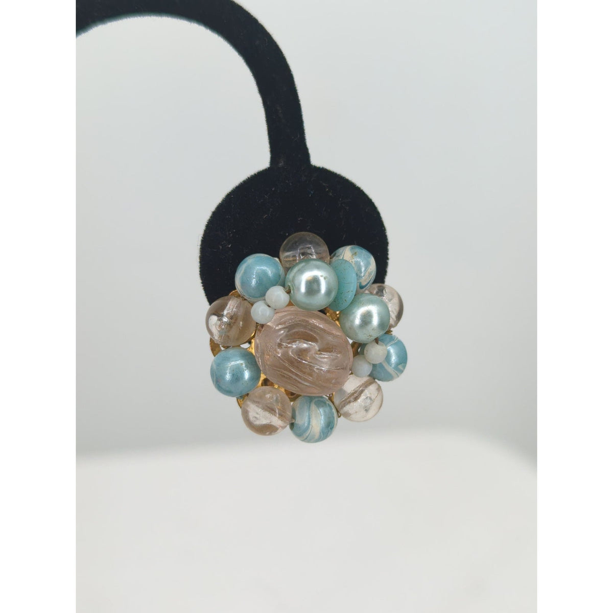 Vintage Japan Blue Peach Beaded Cluster Clip On Statement Earrings Faux Pearl