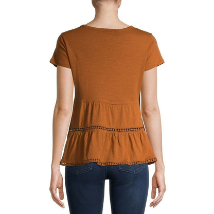 Derek Heart Juniors Babydoll Tiered Pullover Top LARGE Rusty Brown/Orange NWT