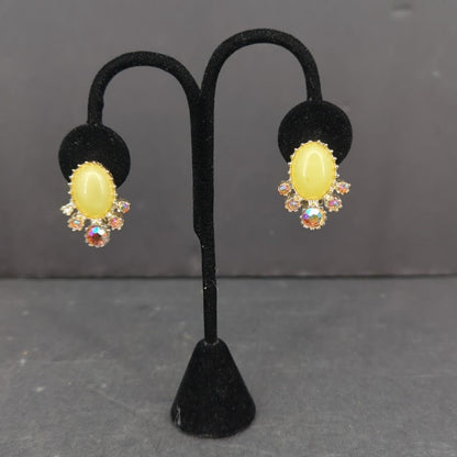 Vintage Yellow Oval Rhinestone Halo Dangle Drop Clip On Earrings