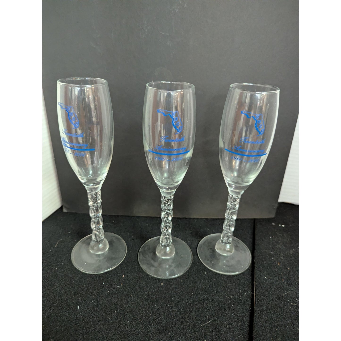 Vintage UUCF Florida 20th Anniversary Champagne Flutes Twisted Stem Glasses Trio