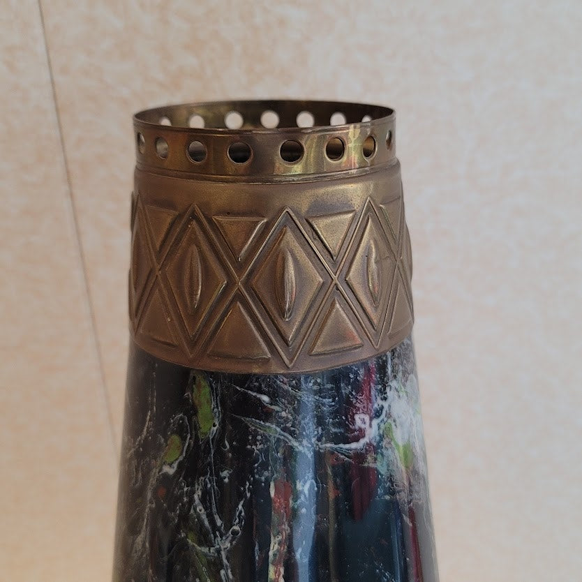 Vintage Art Deco Conical Glass Vase w/ Brass Collar Insert 13"
