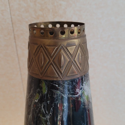Vintage Art Deco Conical Glass Vase w/ Brass Collar Insert 13"