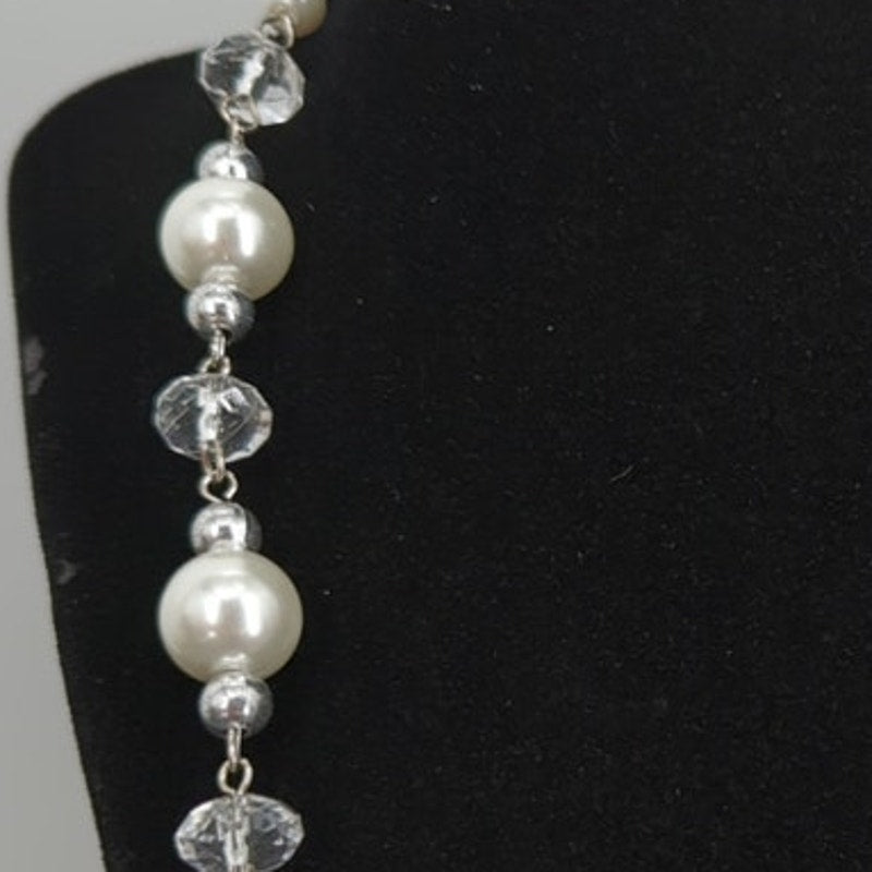 Vtg. Faux Pearl Facett Bead Necklace Earrings Set SilverTone Bridal Wedding Glam