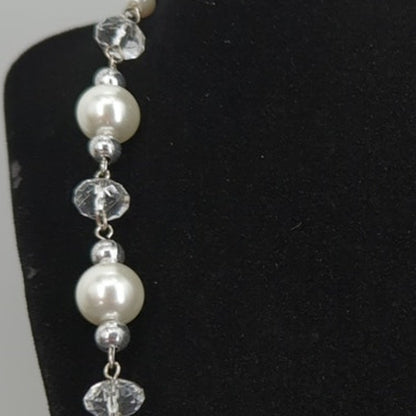 Vtg. Faux Pearl Facett Bead Necklace Earrings Set SilverTone Bridal Wedding Glam