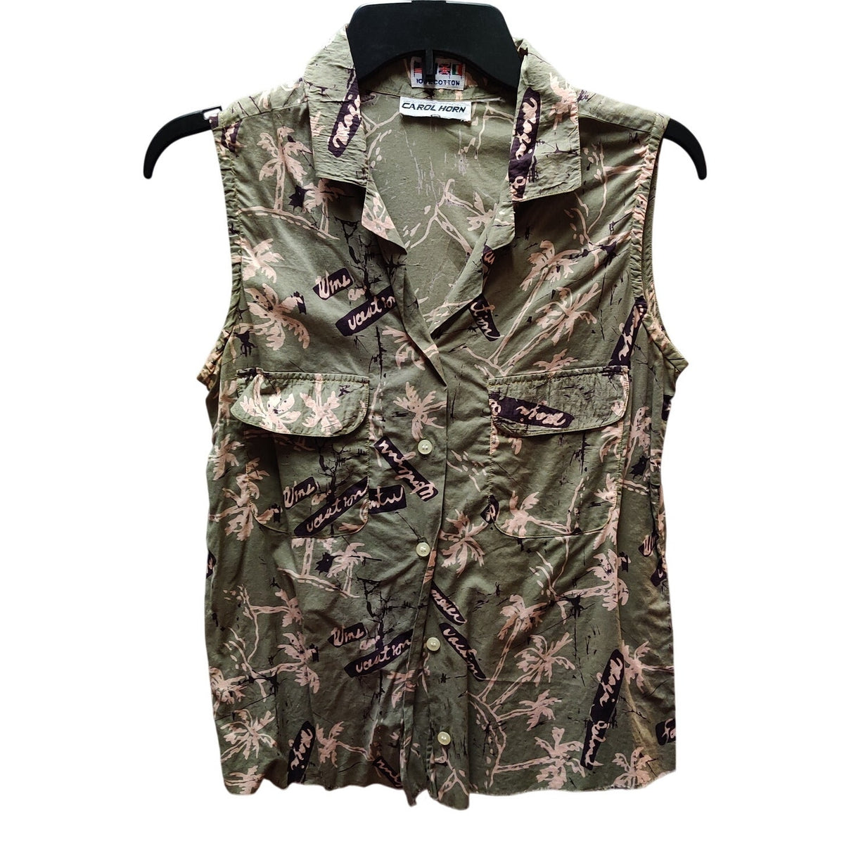 Carol Horn Vintage Tropical Print Sleeveless Shirt Small Frayed Trim Blouse