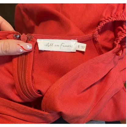 All in Favor NEW Cranberry Red Short Puff Sleeve Linen Romper Dress Short SMALL