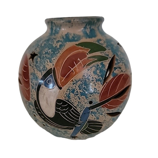 Vintage Tealight Candle Holder Luminary Pottery Hand Painted Hummingbird Flower