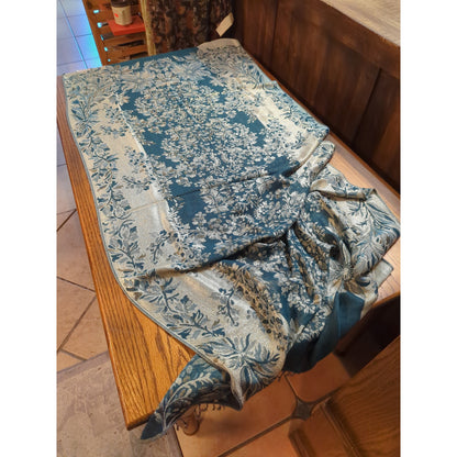 Luxury Teal Blue & Metallic Gold Floral Jacquard Pashmina Silk Blend Scarf Shawl