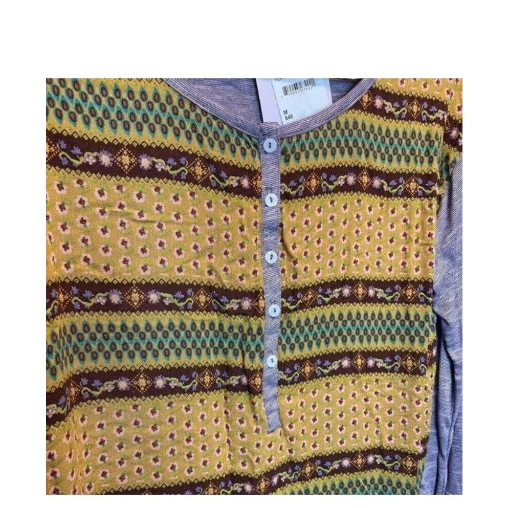 Baea Nordstrom Mixed Pattern Long Sleeve Henley Style Top Purple Gold Medium New