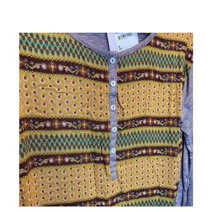 Baea Nordstrom Mixed Pattern Long Sleeve Henley Style Top Purple Gold Medium New