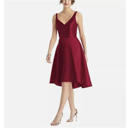 Alfred Sung Sleeveless Sateen Twill Dress Size 0 Burgundy High Low cocktail D765