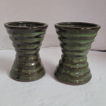 Pair sage green priory vases 4.5" talltwo tone gloss glaze Handmade clay pottery