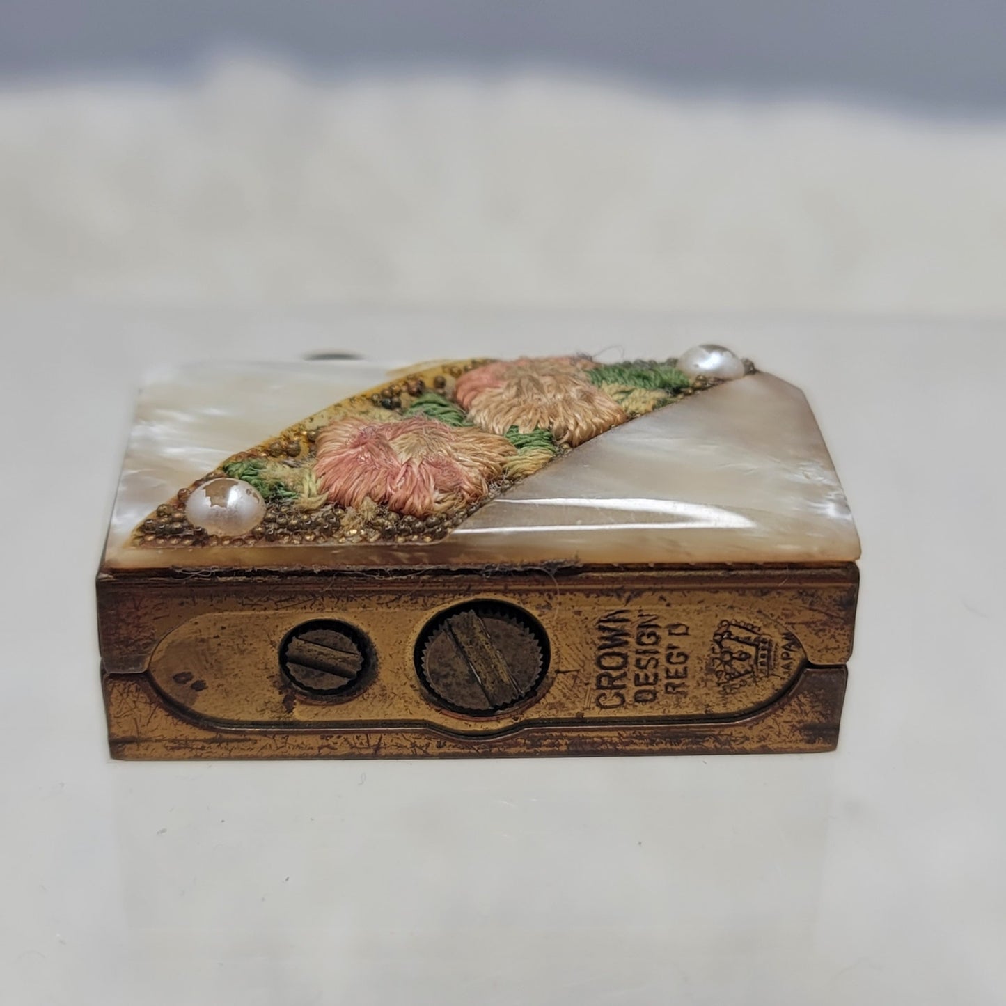 Vintage Crown Brass Mother of Pearl Pocket Lighter Antique Japan Floral Compact