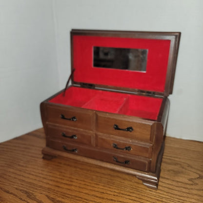 Vintage Wooden Jewelry Box Chest With Red Velvet Interior Multi-Drawer Storage
