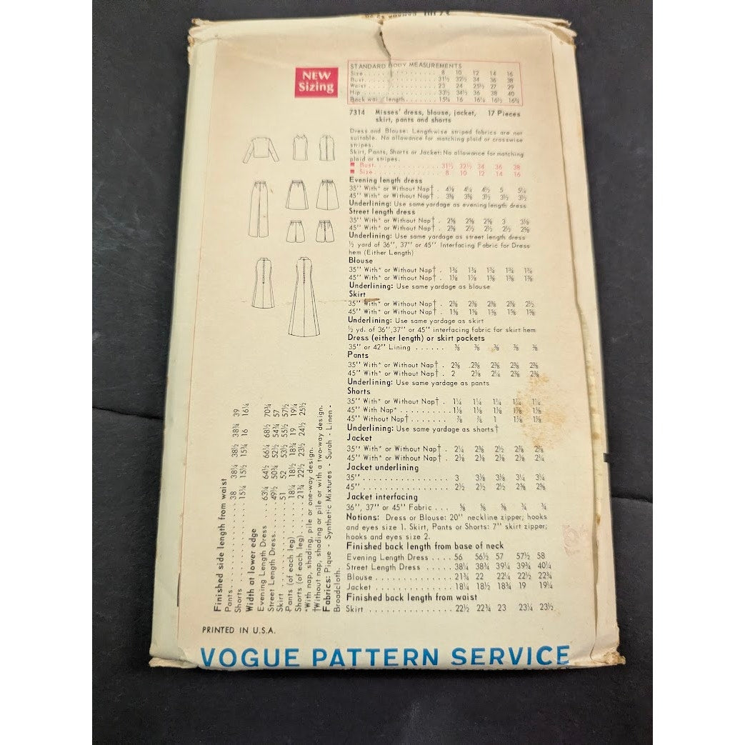 Vintage Pattern Sewing Crafts Hobby Vogue 7314 Size 12