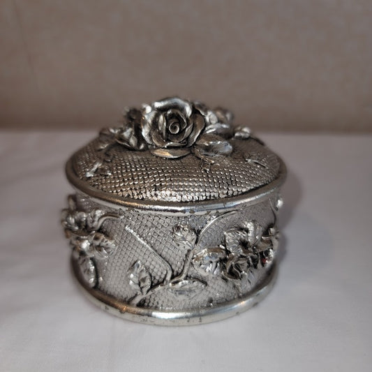 Jewelry Trinket Box Vanity Box Art Nouveau Style Resin Repousse Silvertone Lined
