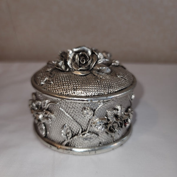 Jewelry Trinket Box Vanity Box Art Nouveau Style Resin Repousse Silvertone Lined