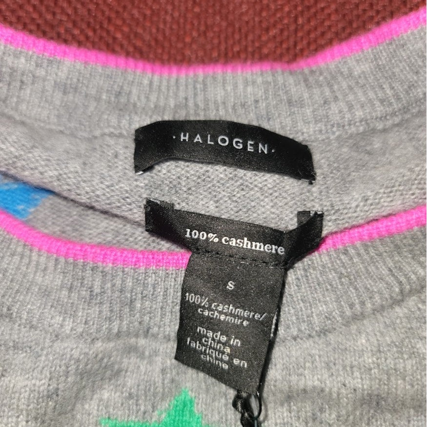 Halogen 100% Cashmere Gray Pink Star Crewneck Sweater Size Small NEW $149