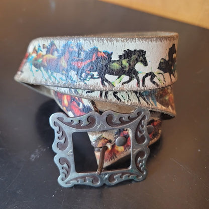 Cowboy Decor Galloping Wild Horse Silver Buckle Western Belt Size 36