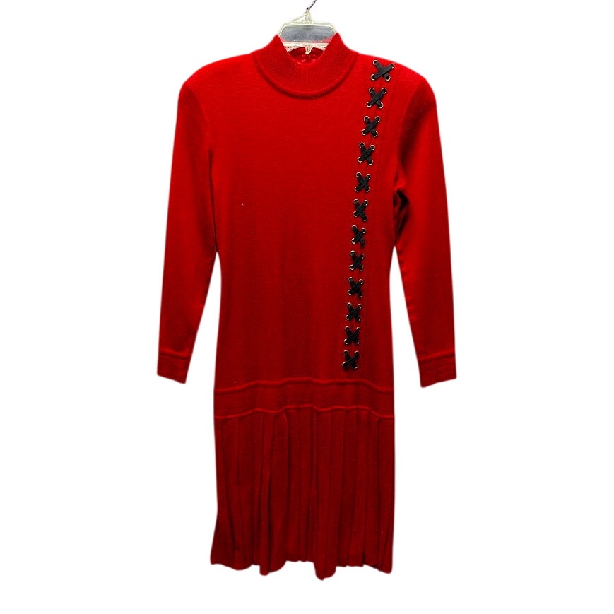 Vintage Red Knit Drop Waist Sweater Dress Black Grommet X Detail Large Retro