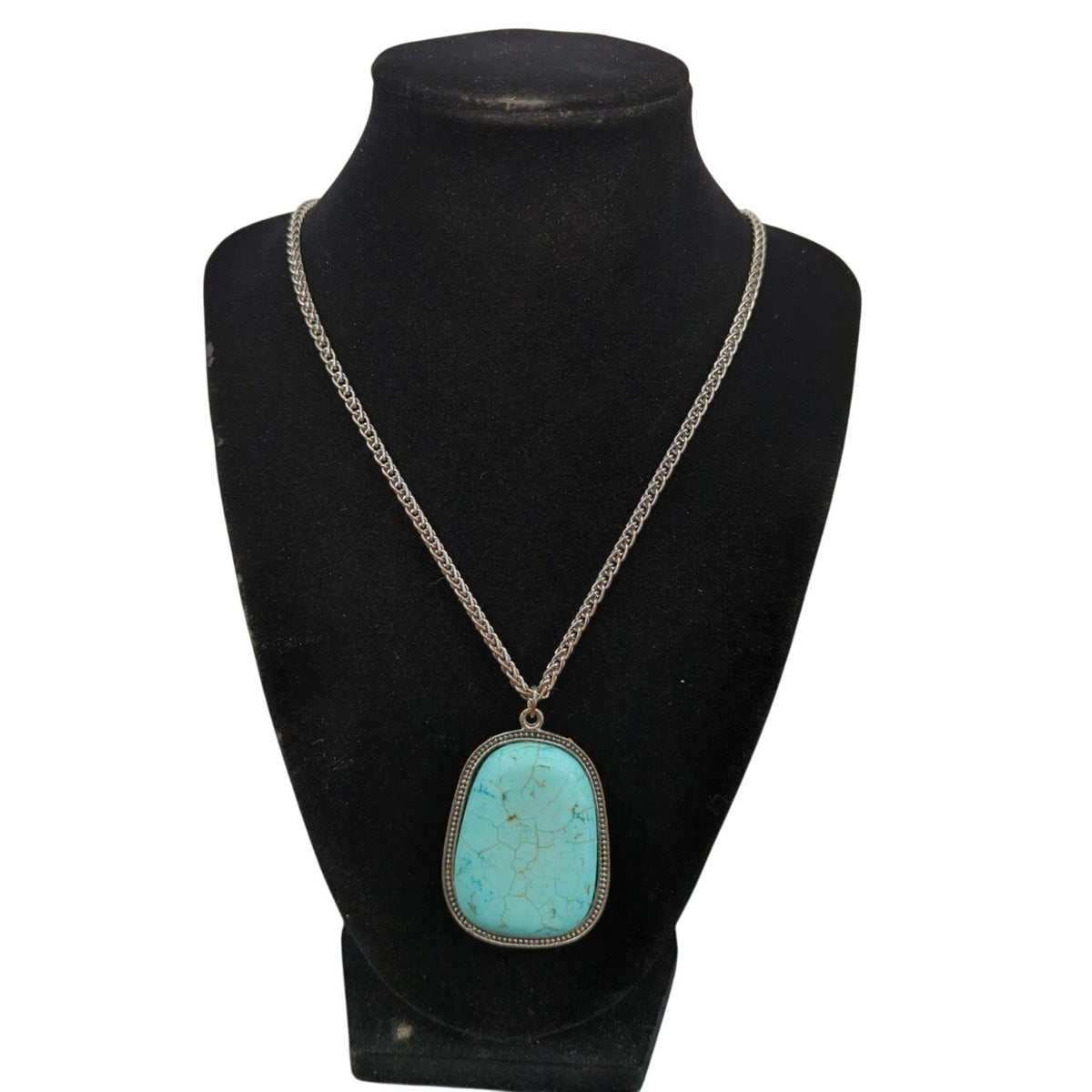 Vintage Fashion Large Faux Turquoise Slab Pendant SilverTone Rope Chain Necklace
