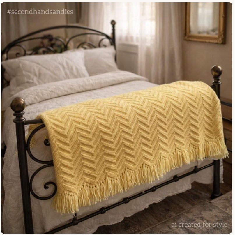 handmade Yellow afghan throw fringe chevron 50" x77" twin zigzag homestead retro