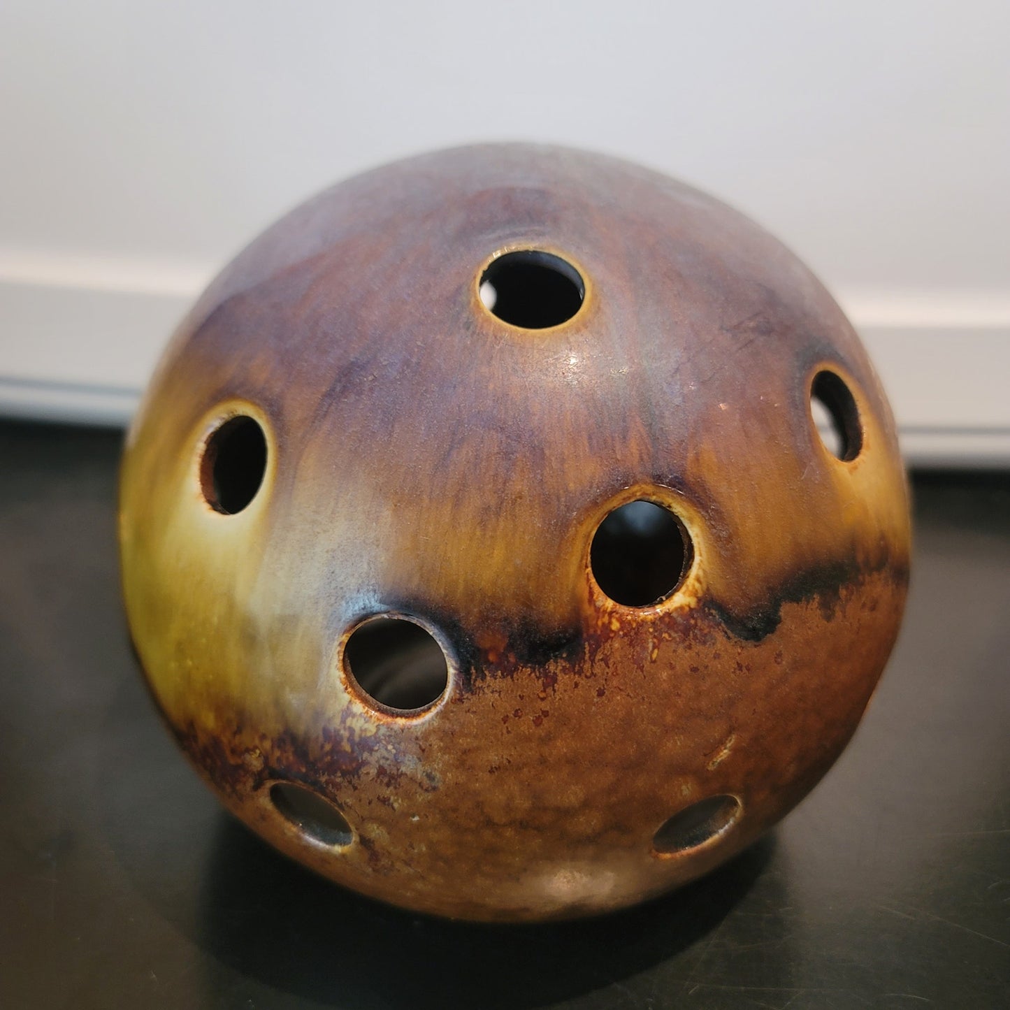 Vintage Ikebana vase orb sphere Ceramic brown glaze Approx. 7" Art Pottery