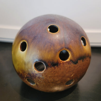 Vintage Ikebana vase orb sphere Ceramic brown glaze Approx. 7" Art Pottery