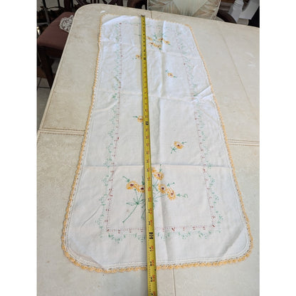 Vintage hand embroidered table runner with hand stiched edge Daisies Flowers