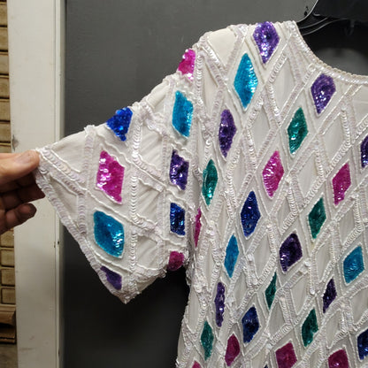 Candlelight Size Medium 80s Glam White Sequin Beaded Top silk Multicolor Diamond