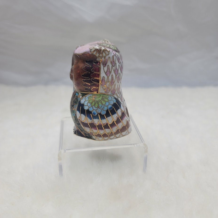 Vintage 1970s Cloisonné Enameled Owl Figurine Jeweled Rhinestone Bird