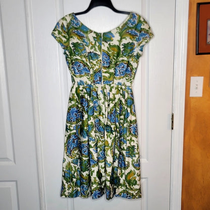 Vintage  Sindorff 1950s Wiggle dress cotton Blue yellow floral pleated Small Cap