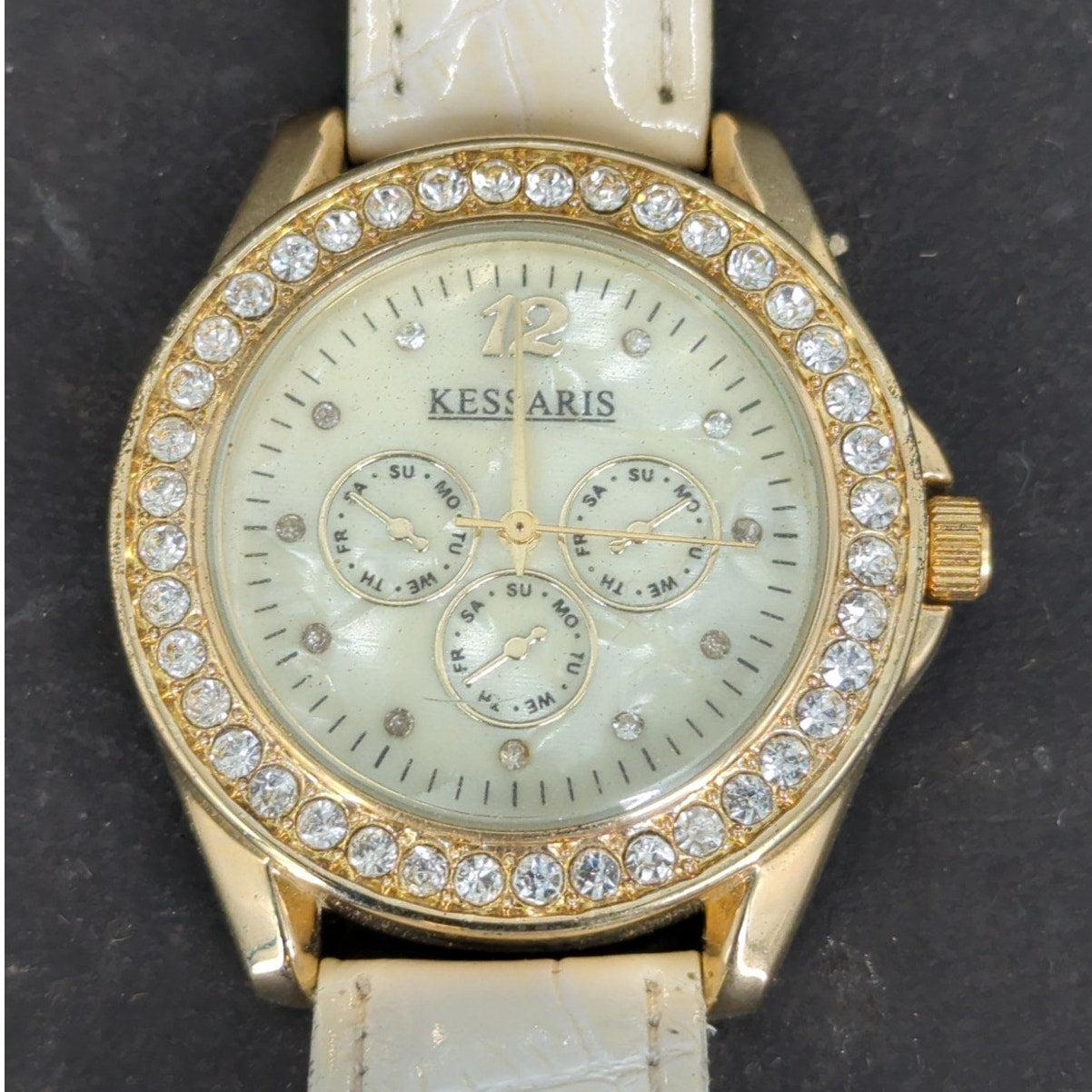 Vintage Signal Women's Watch Gold Tone Rhinestone Bezel White Strap Chronograph