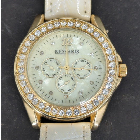 Vintage Signal Women's Watch Gold Tone Rhinestone Bezel White Strap Chronograph
