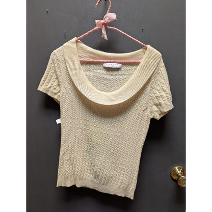 Trina Turk Cream Ribbed 100% CASHMERE Short Sleeve Pullover Sweater  Sequins