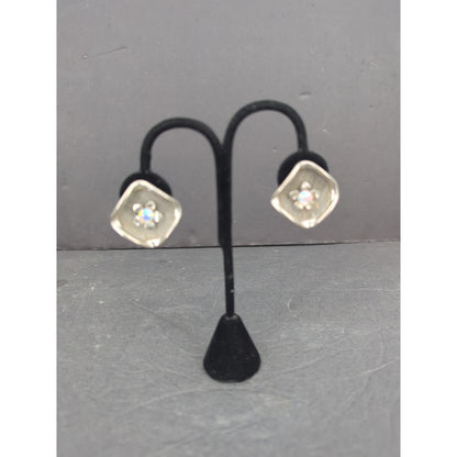 Vintage Silver Tone Mesh Oval Square Opalescent Flower Clip On Earrings Retro