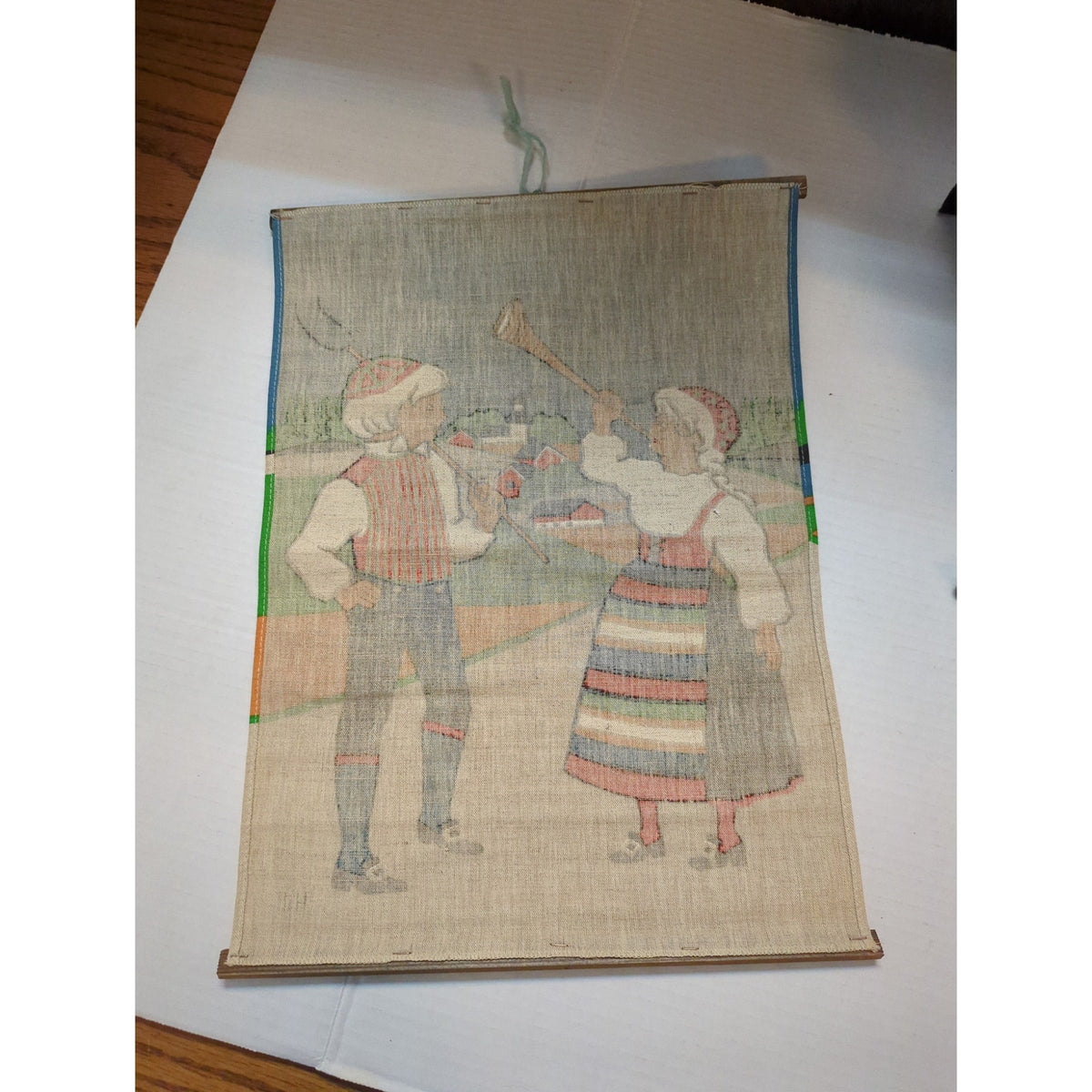 Vintage Scandinavian Burlap Wall Hanging Swedish Folk Art Hill Fabric Scroll