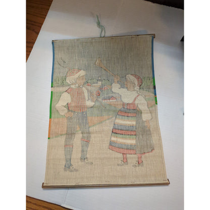 Vintage Scandinavian Burlap Wall Hanging Swedish Folk Art Hill Fabric Scroll