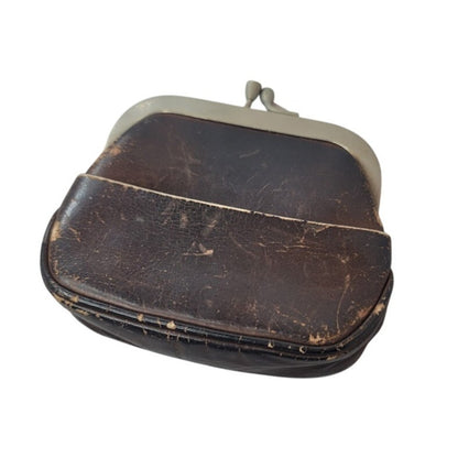 Antique Victorian leather change purse silver Metal kiss lock side