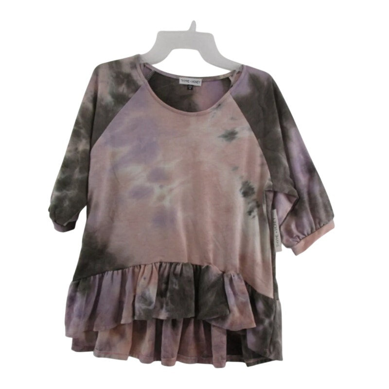 NEW Thyme + Honey Womens MEDIUM Scoop Neck 3/4 Sleeve Ruffled Top Pink Tie Dye