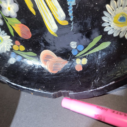 Pair Vintage Mexican Batea wooden bowls Hand painted floral bird folk art black