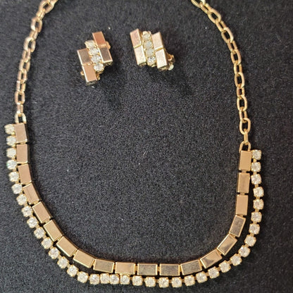 Vintage Necklace Matching Clip On Earring Gold Crystal Choker Style Reticulated