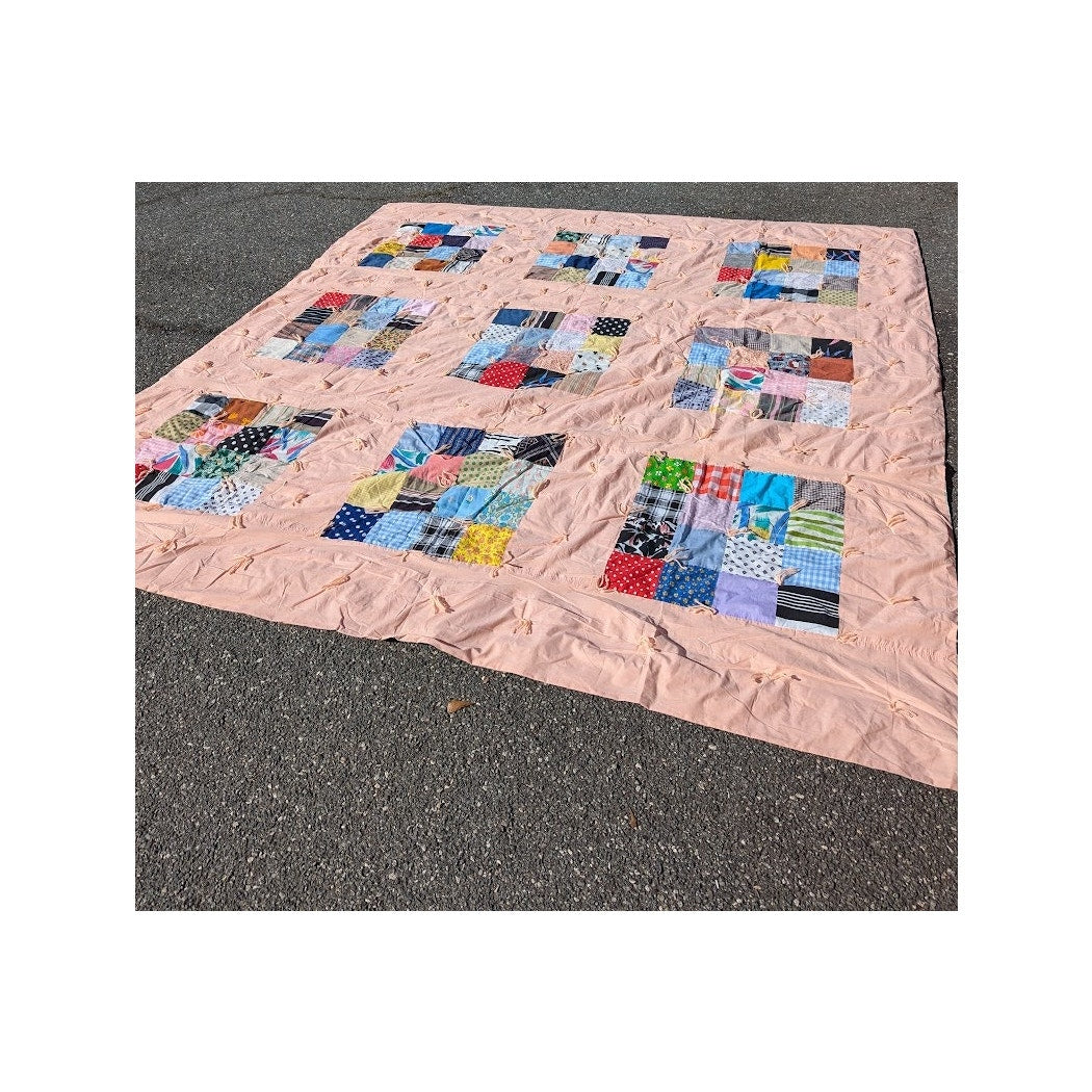 Handmade Patchwork Quilt Peach Yarn tassel 96" x 103"  Cabin Vintage KING/QUEEN