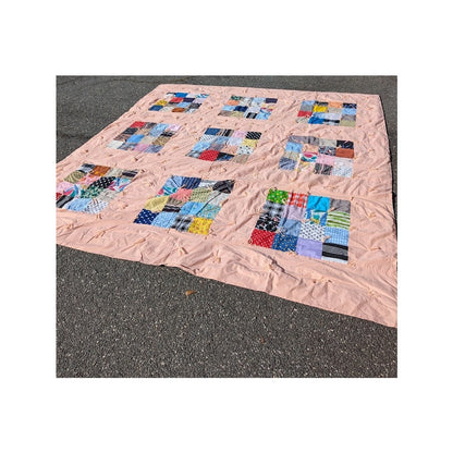 Handmade Patchwork Quilt Peach Yarn tassel 96" x 103"  Cabin Vintage KING/QUEEN