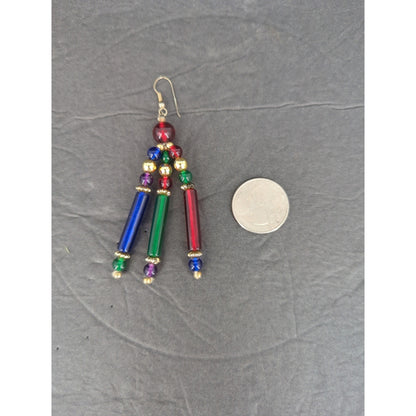 Vintage Beaded Fringe Dangle Earrings Southwestern Boho Pierced Statement