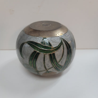 Vintage Mid Century Spherical Round Enamel and Brass Pot Vase Flowers