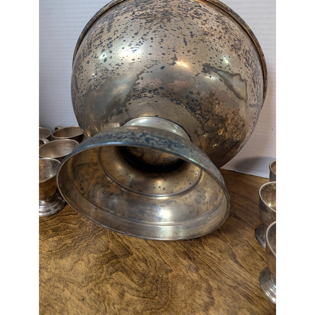 Vintage 14 Pc. UNPOLISHED patina nickel silver EP Large punch bowl cup ladle set