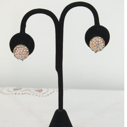 Vintage Faux Pearl Rhinestone Cluster Screw-Back Earrings Retro Elegance
