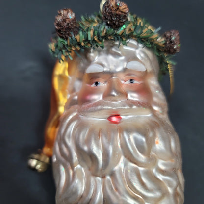 Old world Glass Santa Claus Pine wreath Ornament Hand-Blown 6"