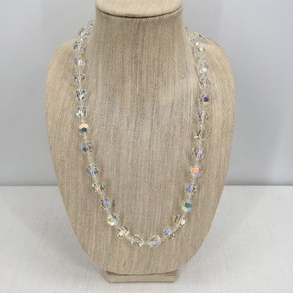 Vintage Aurora Borealis Glass Crystal Bead Necklace Facet goldtone flower clasp